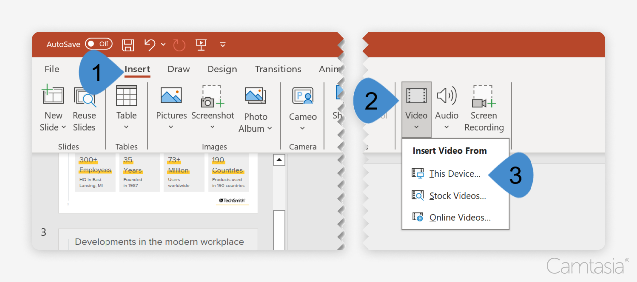 Three steps to insert a video from your computer into PowerPoint