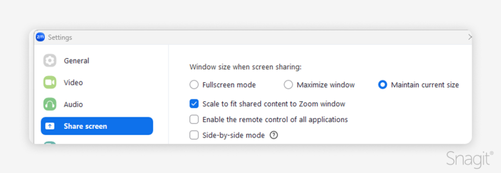 The 'maintain current size' option selected from the zoom 'share screen' settings tab.