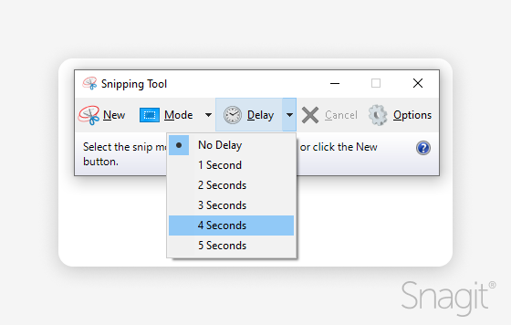 Screenshot of Delay dropdown menu in Windows Snipping Tool