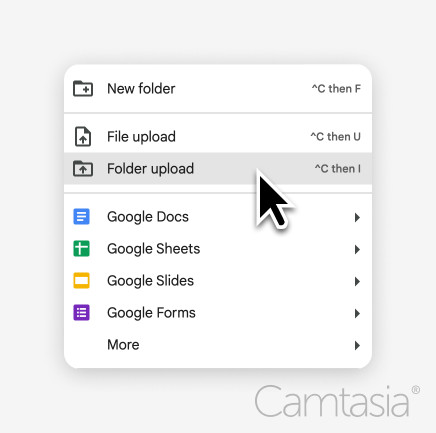 Mouse hovering over folder upload in Google Drive.