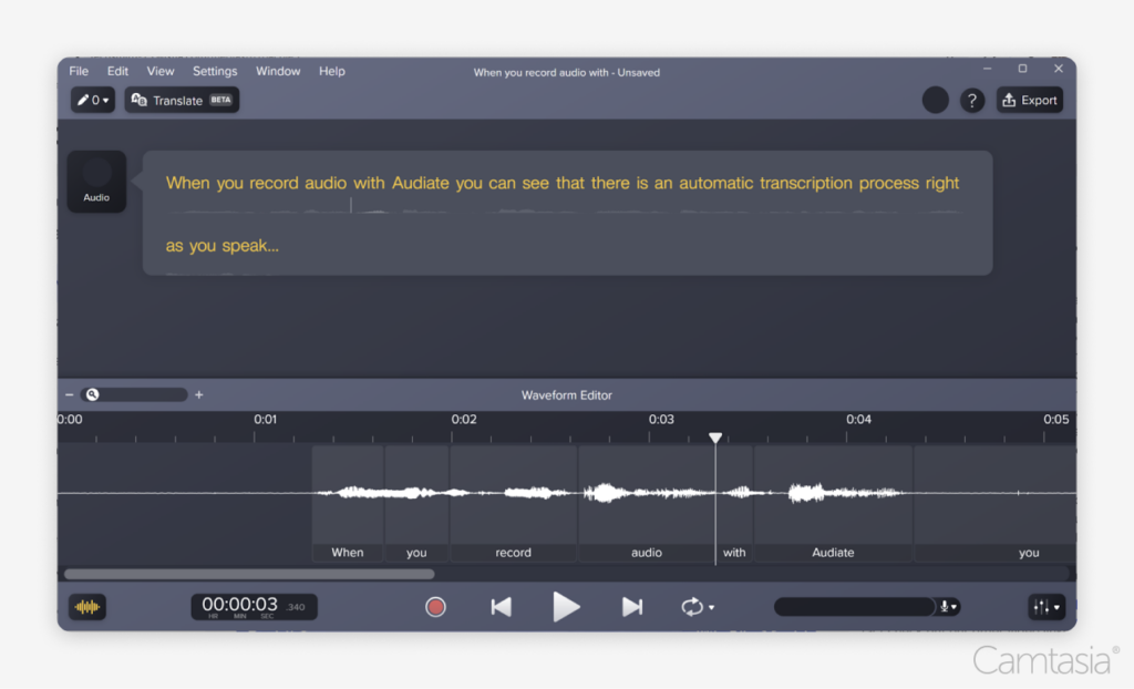 Screenshot of a video transcript in Camtasia Audiate