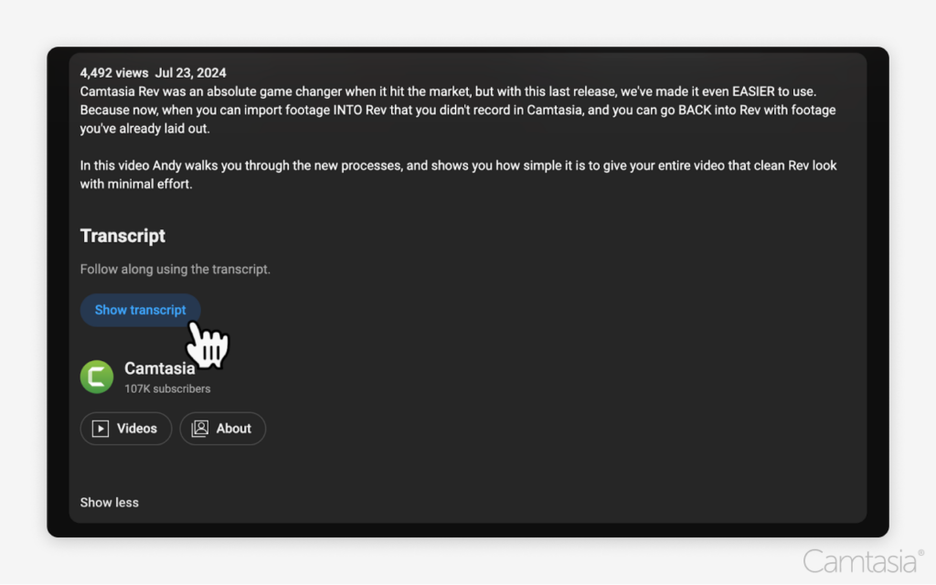YouTube screenshot of the Show Transcript button at the end of the video description