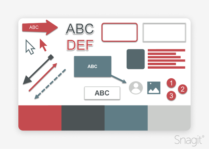 An image with icons of different things you can do with Snagit. Including, but not limited to, callouts, arrows, step numbers, and more.