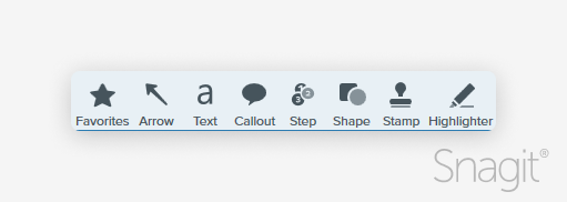 Favorites, Arrow, text, callout, step, shape, stamp, and highlighter tools in the snagit toolbar. 