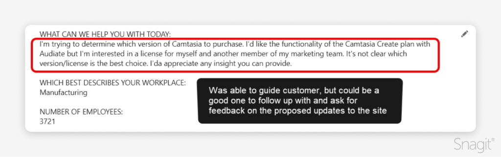 Example of capturing customer interaction