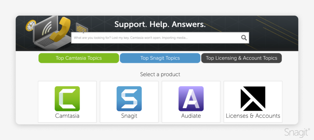 Image of Support, Help, Answers page with TechSmith's products