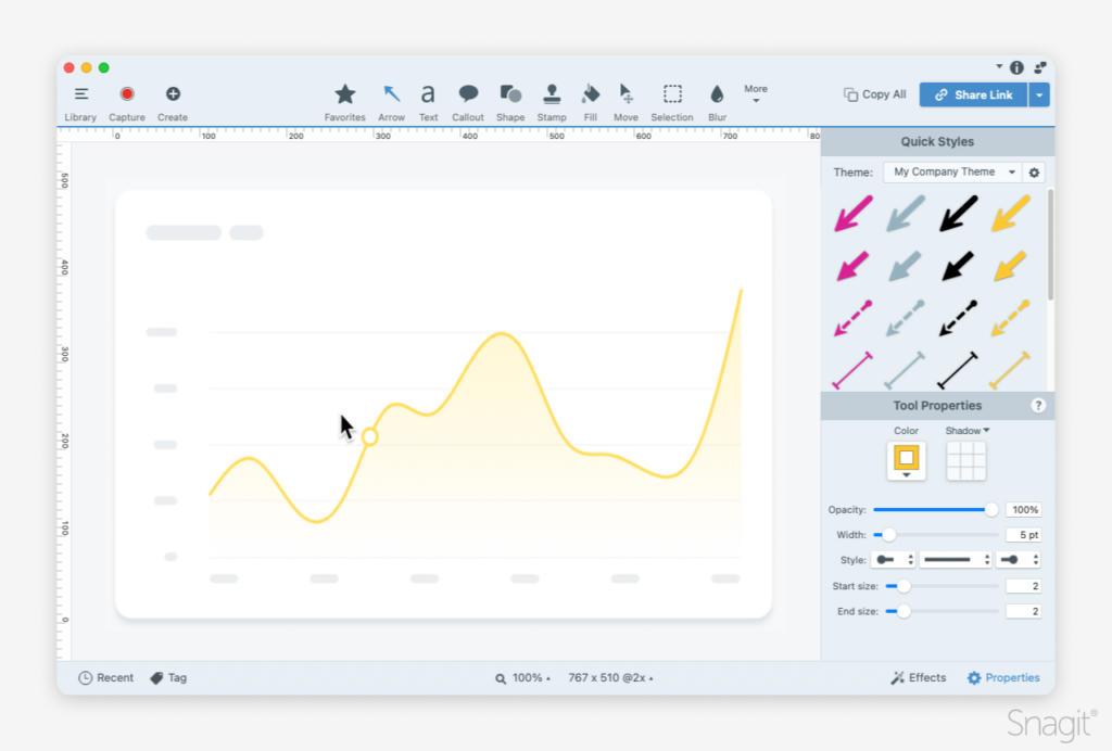 Screenshot of the Snagit interface with a simplified chart on the workspace and editing options