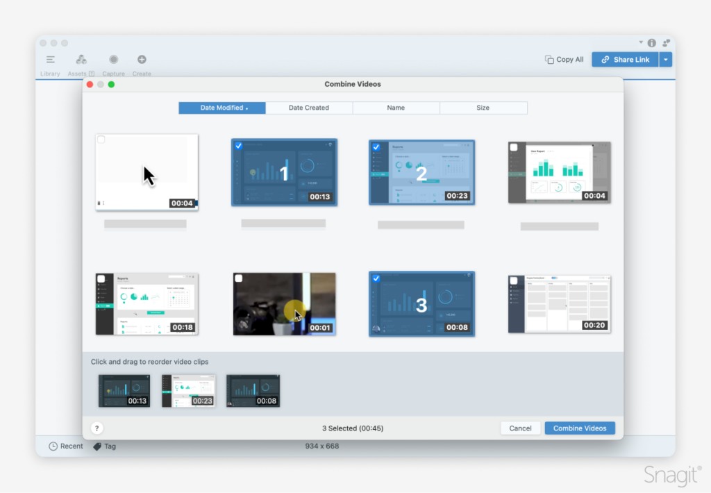 Image of someone picking videos to combine in Snagit.