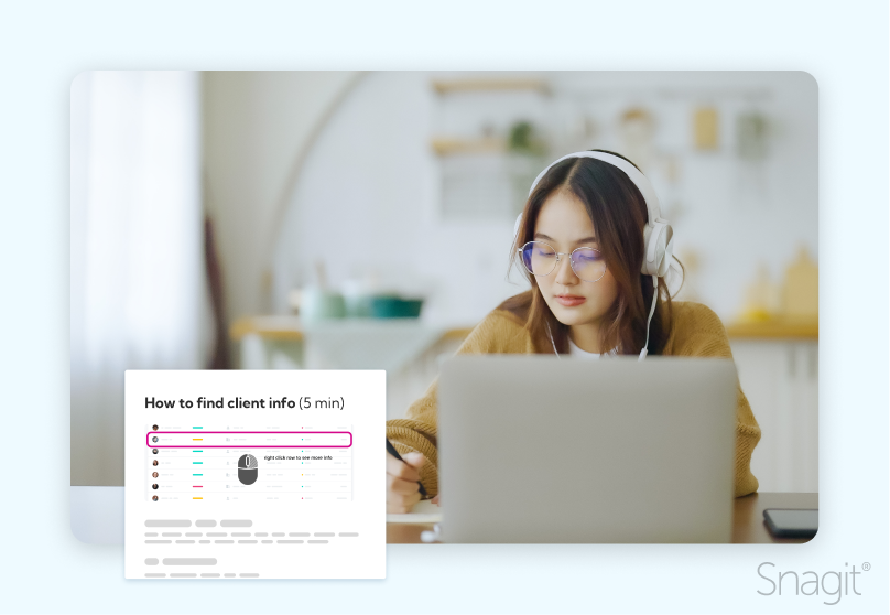 a woman learning at her laptop with a overlay of a mircolearning example labeled how to find client info