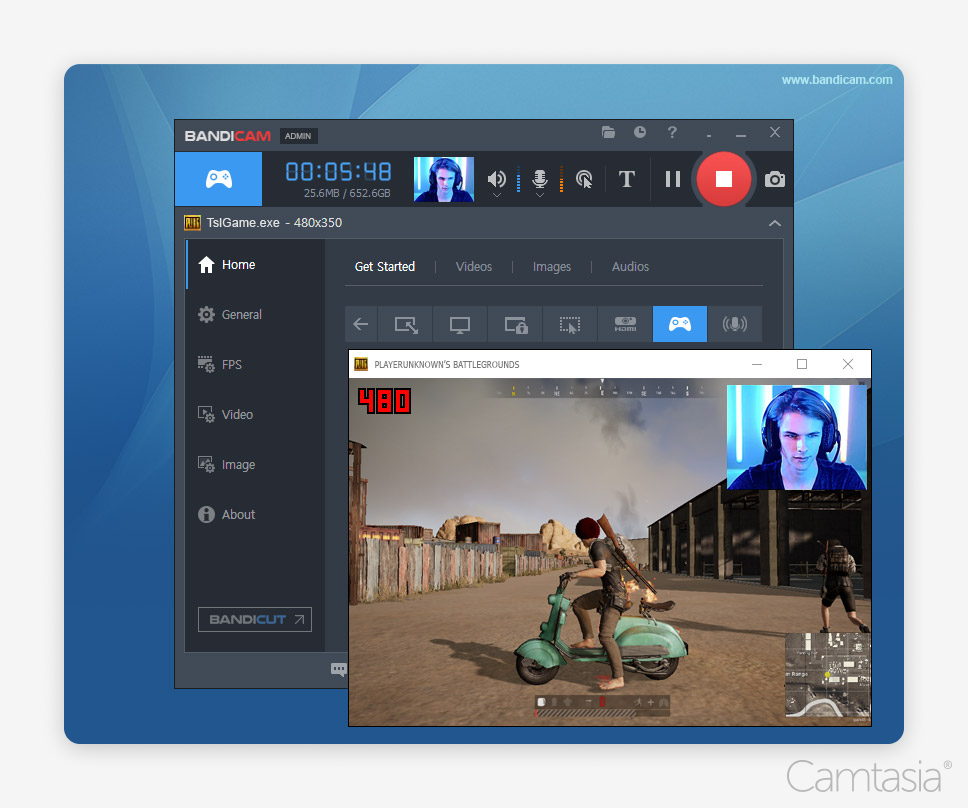 the interface of two software applications layered on top of each other. The primary software interface in the background is Bandicam, a screen recording program, while the secondary, smaller window in the foreground shows gameplay from the video game PlayerUnknown's Battlegrounds (PUBG).