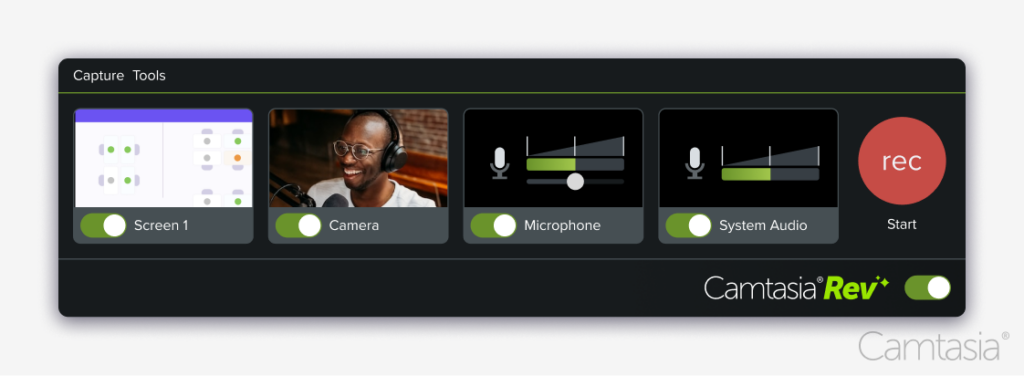 a recording interface from Camtasia, labeled "Capture Tools." It features options for selecting the screen, camera, microphone, and system audio. Each option has a toggle switch, with the screen, camera, microphone, and system audio toggled on. There is also a large red "rec" button to start recording on the right side. The interface has a sleek black and green design.