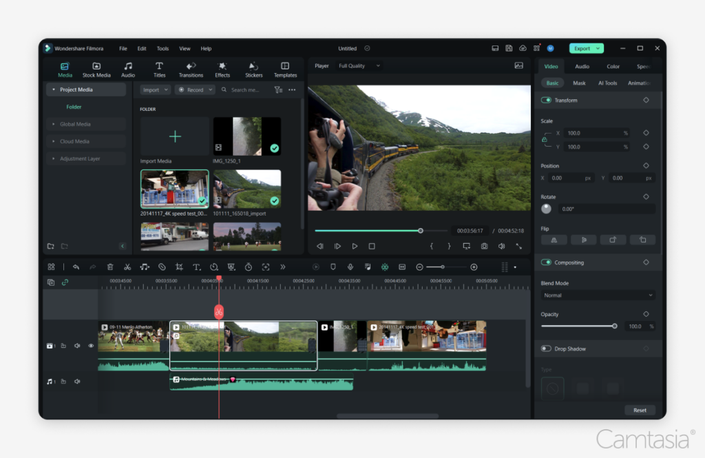 Screenshot of Wondershare Filmora video editing software with media library, video preview, editing tools, and timeline.