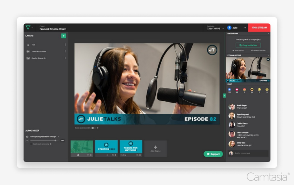 Screenshot of a streaming or video editing software interface showing a woman recording a podcast with elements like layers, audio mixer, chat, and scenes.