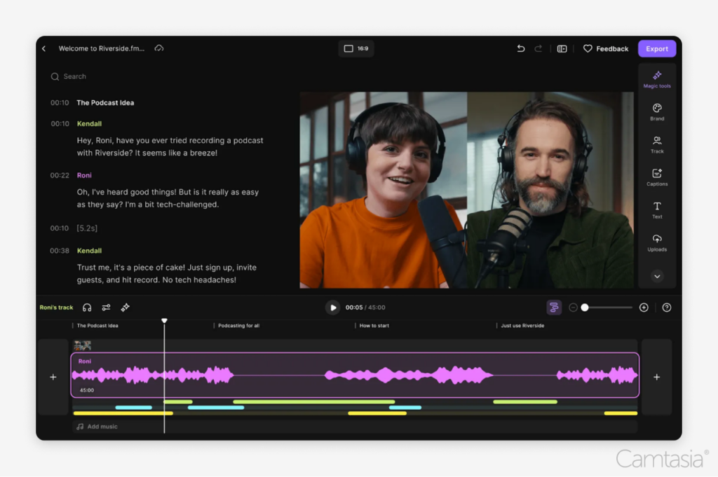 Screenshot of video editing software interface displaying a video of two individuals with microphones and a transcription of their conversation.