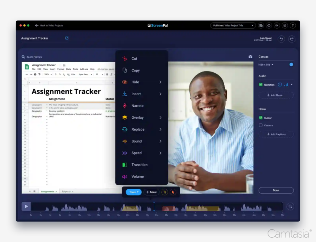 Video editing software interface showing an assignment tracker spreadsheet, a smiling man, and an editing toolbar with options like Cut, Copy, and Narrate.