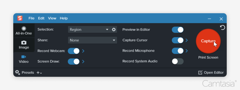 Screen recording software interface with options for selection, sharing, recording, and a large "Capture" button.