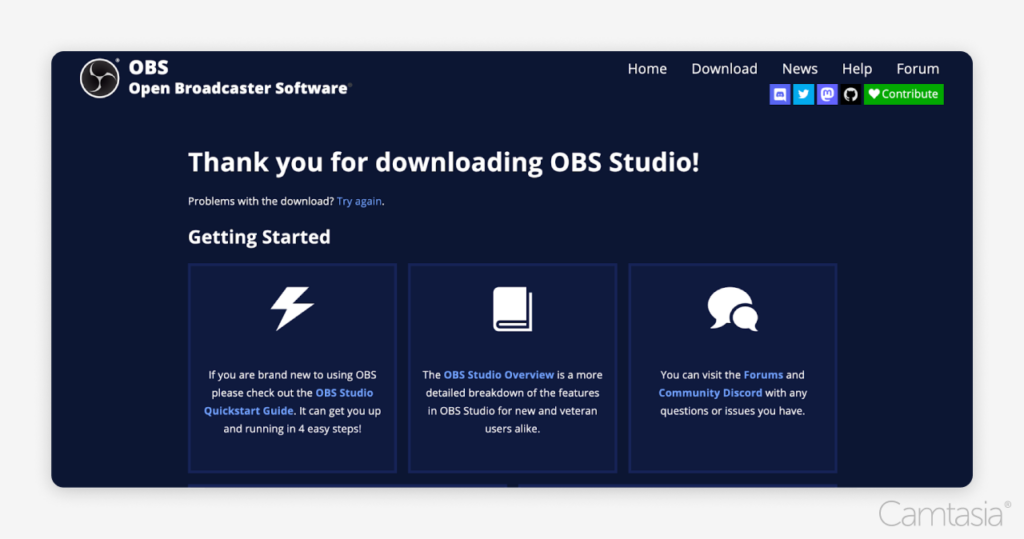 Thank you for downloading OBS Studio message.