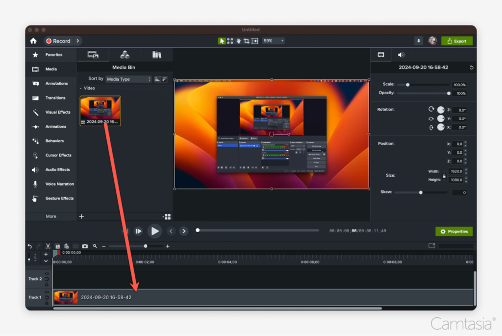 Image showing where to drag screen recording to video editor in OBS Studio.