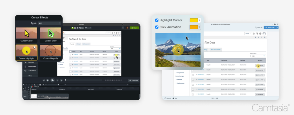 Adding cursor effects in Camtasia; Enabling click animations and cursor highlights in Snagit.