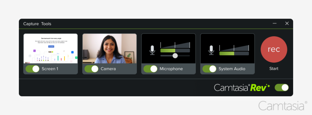 Camtasia's pre-recording user interface with a screen, microphone, camera, and system audio enabled.