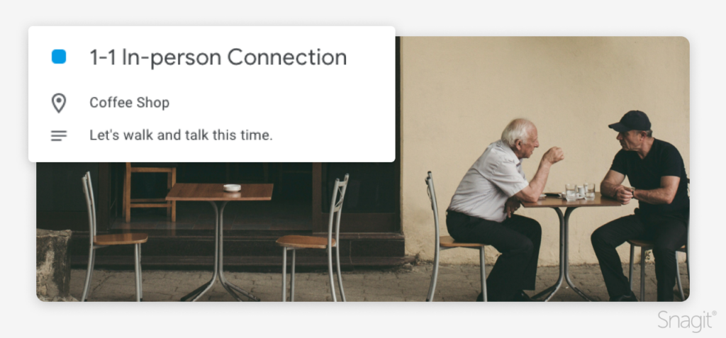 Example in-person meeting invitation and two people talking over coffee
