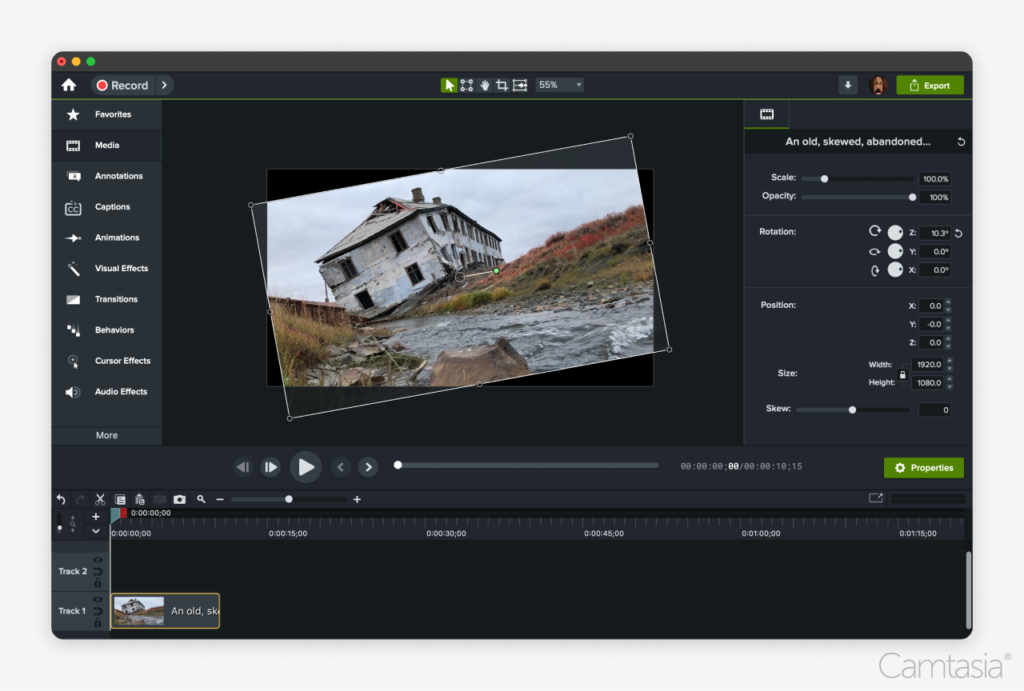 Image of the Camtasia editor with a tilted image of a house on the canvas.