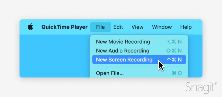 Selecting new screen recording in QuickTime Player.