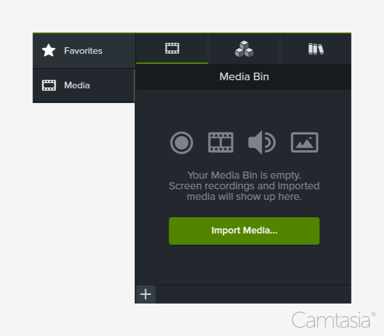 Image of the media bin in Camtasia. 