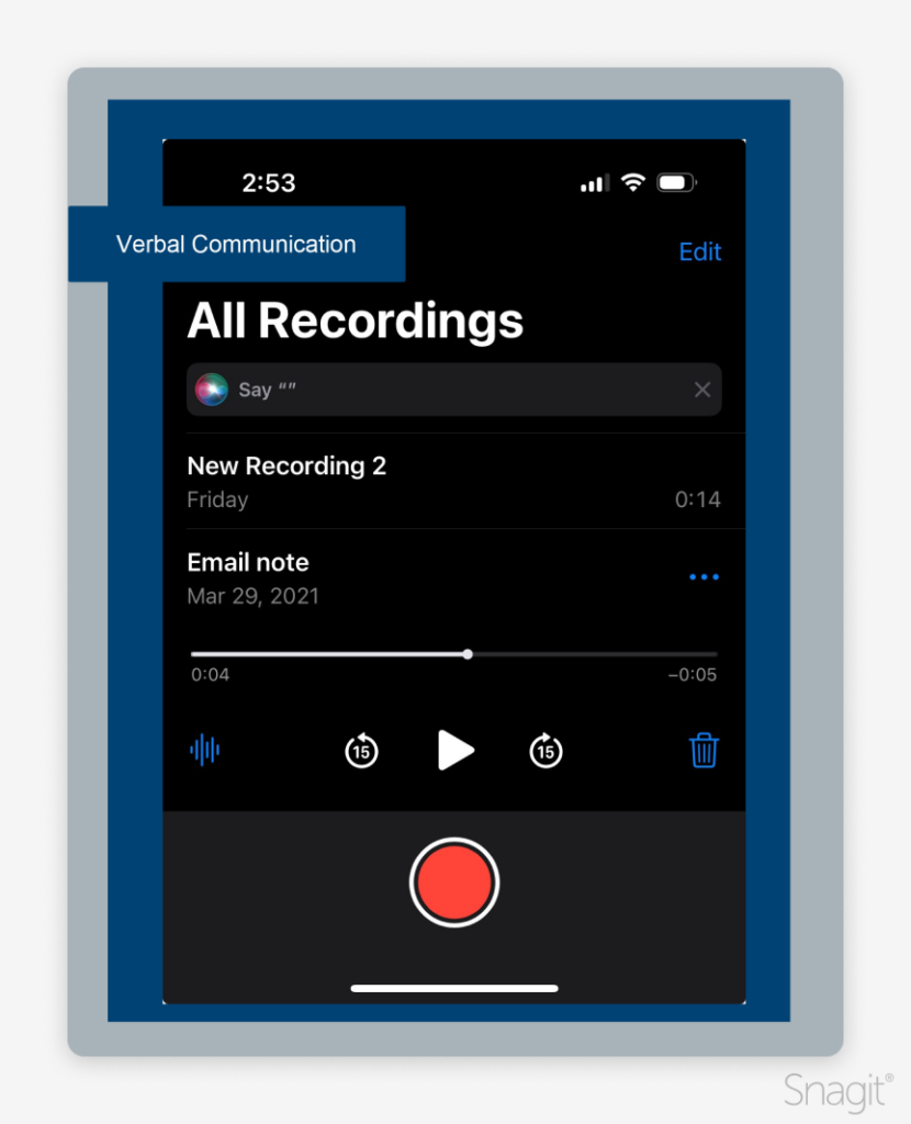 Screenshot of voice memo screen with overlay of 'Verbal Communication'