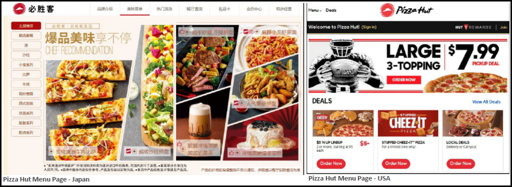 Pizza hut webpage in two different languages.