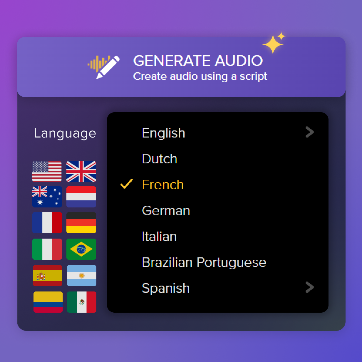 Audiate's language options.