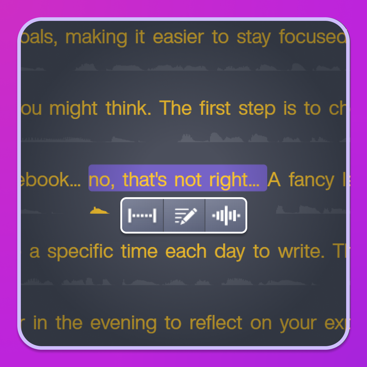 An audio transcription being edited in the text-based editor.