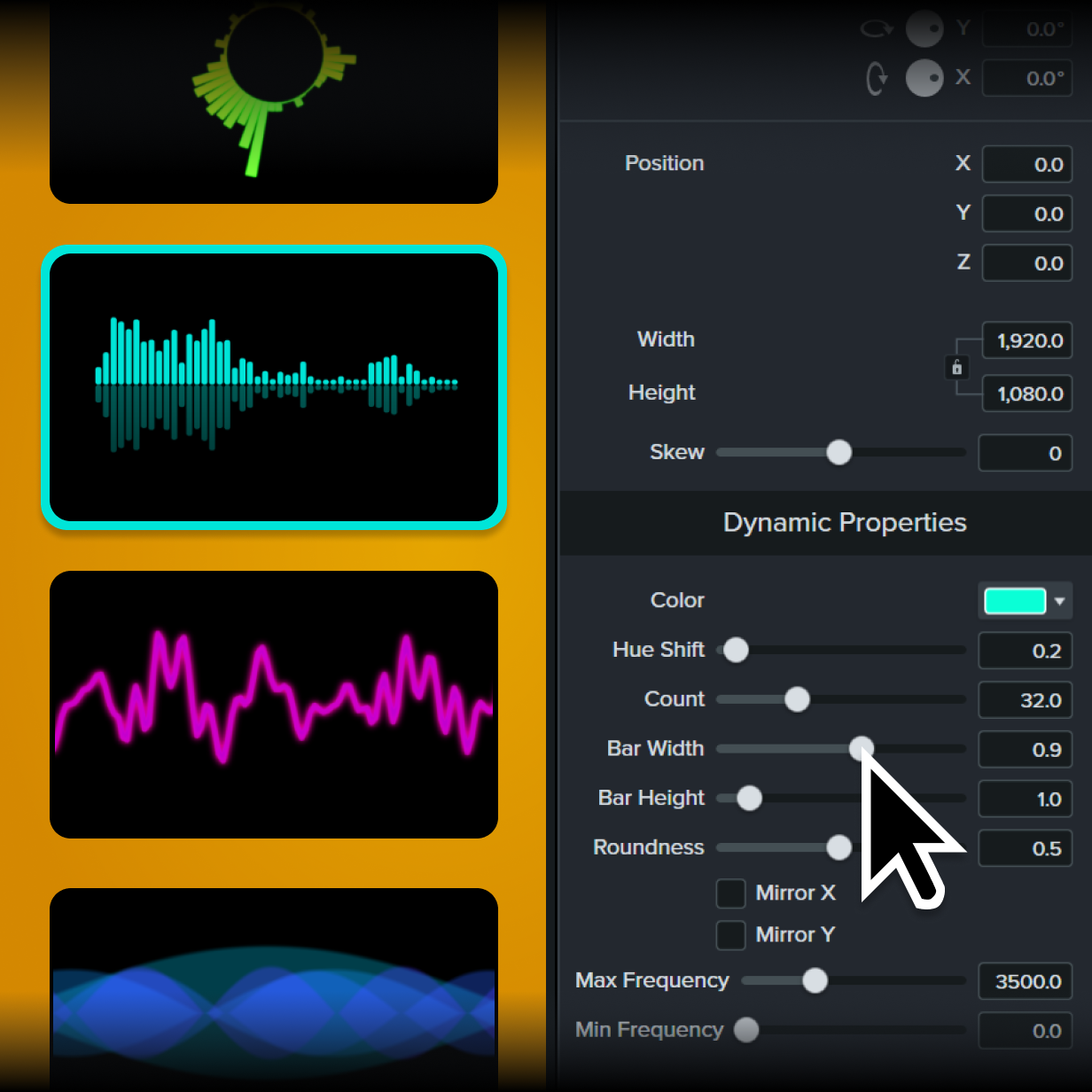 Camtasia's audio visualizer options and customization options.