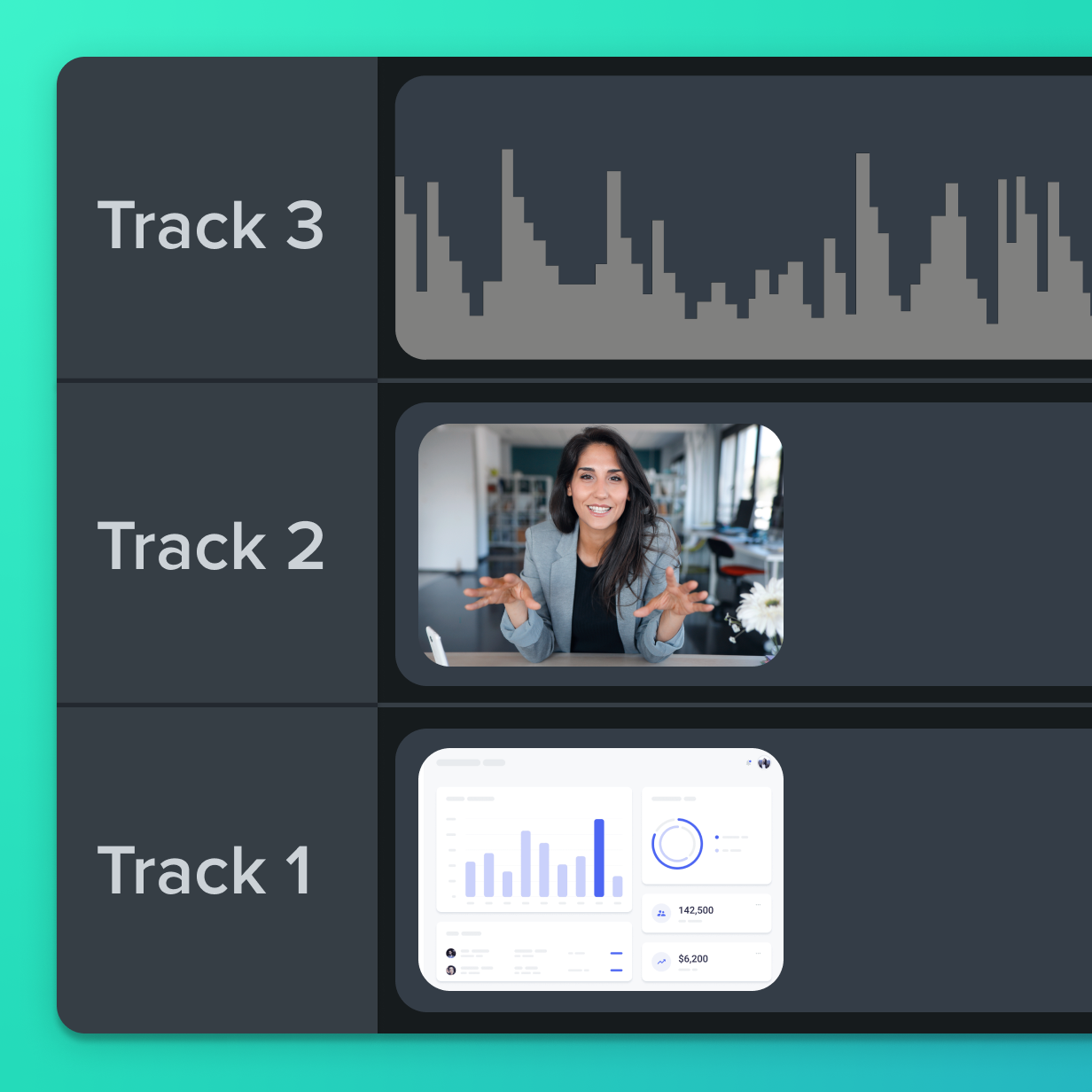 Camtasia’s editing interface displaying multiple tracks—screen recording, camera feed, and separate audio tracks—showing how each element can be adjusted individually.