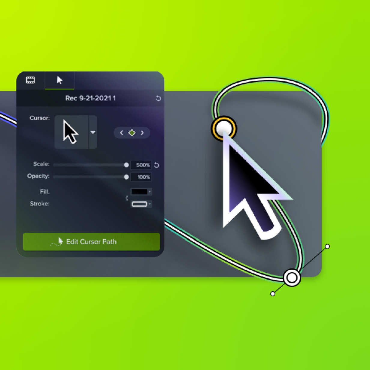 A close-up view of a cursor path being edited within Camtasia, with options to resize and change the shape of the cursor visible on the screen.