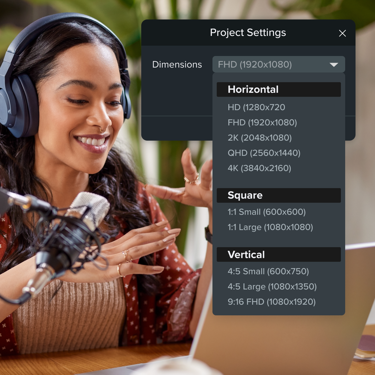 Camtasia's video size presets in a drop-down menu over an image of a woman making a podcast video.