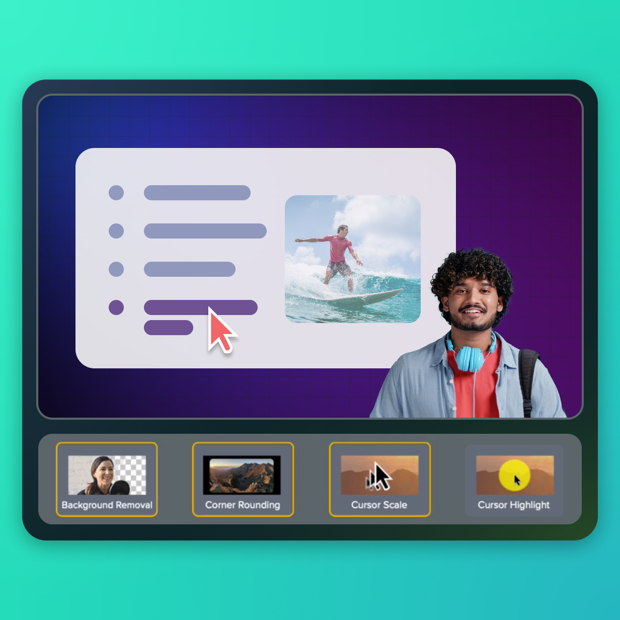 Video presentation layout options. Showing a video with colorful background and narrator in front of video.