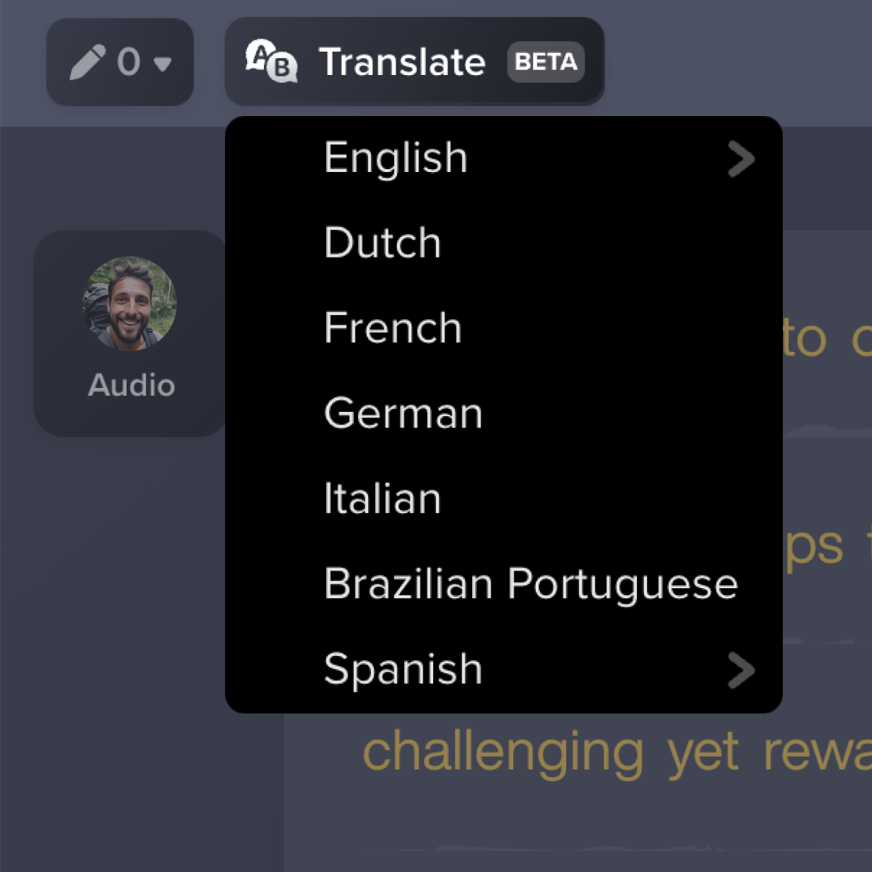 Translated content from English to French in Audiate.