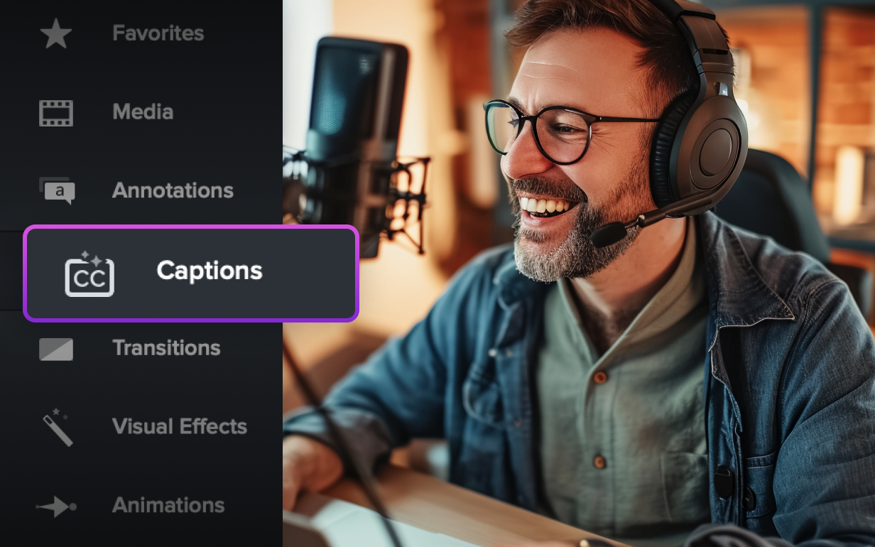 Selecting Camtasia's Captions option while recording a video with transcription.