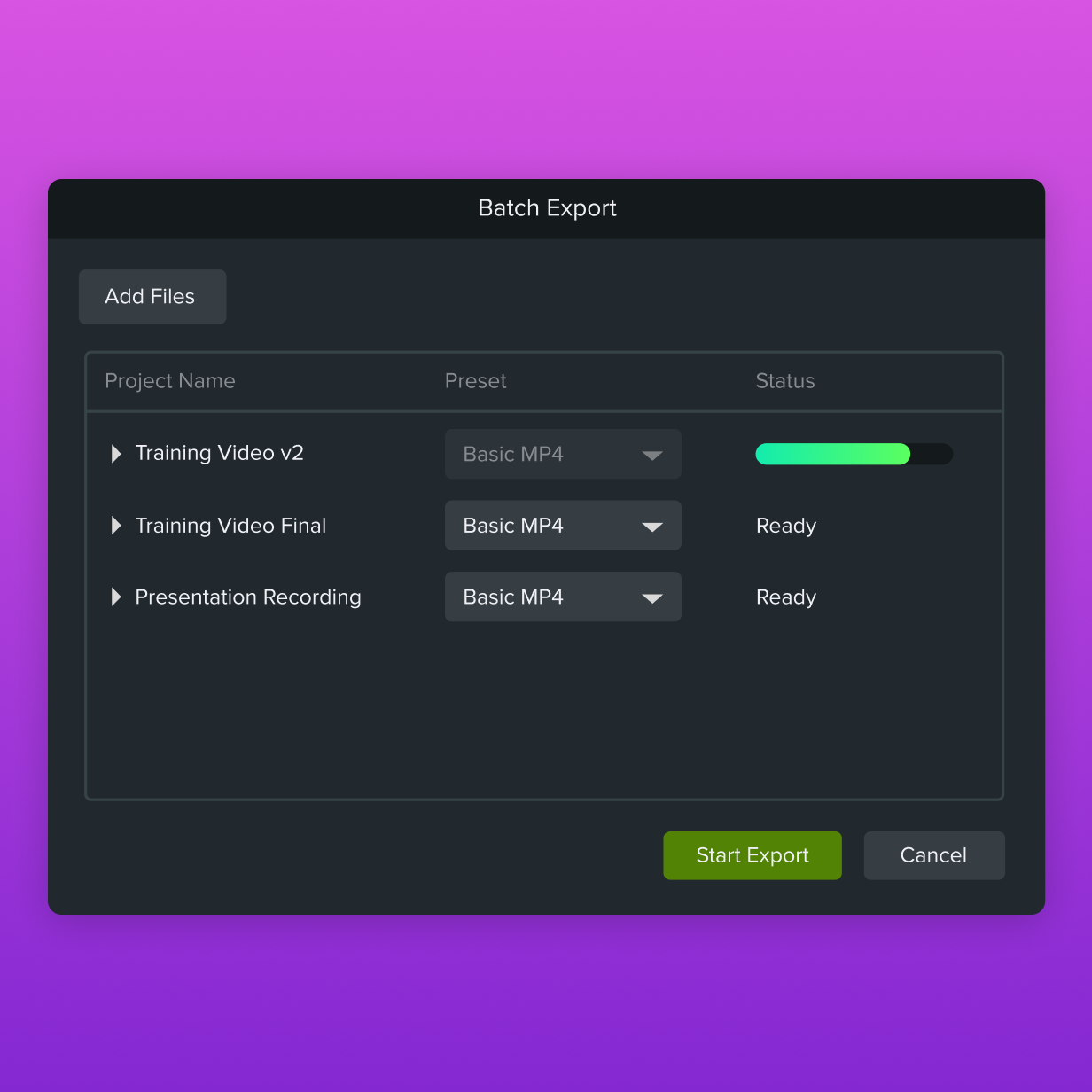 The batch export function in Camtasia.