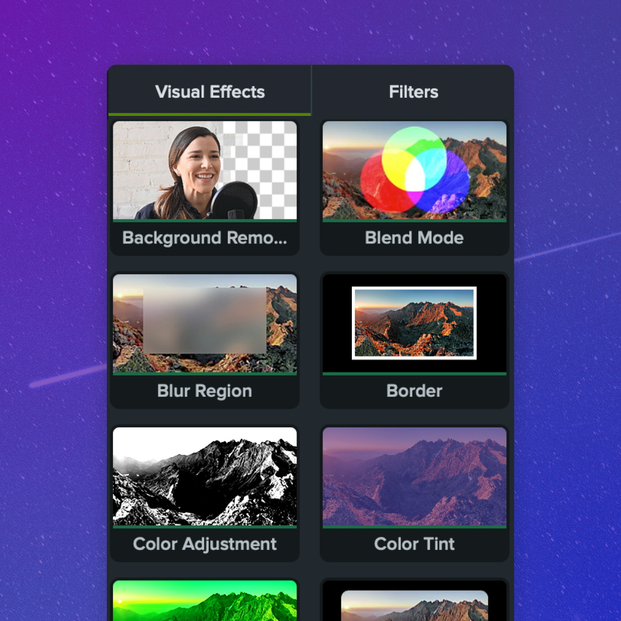 A menu showing Camtasia's simple and advanced video effects such as filters, blend mode, background removal, borders, and more.