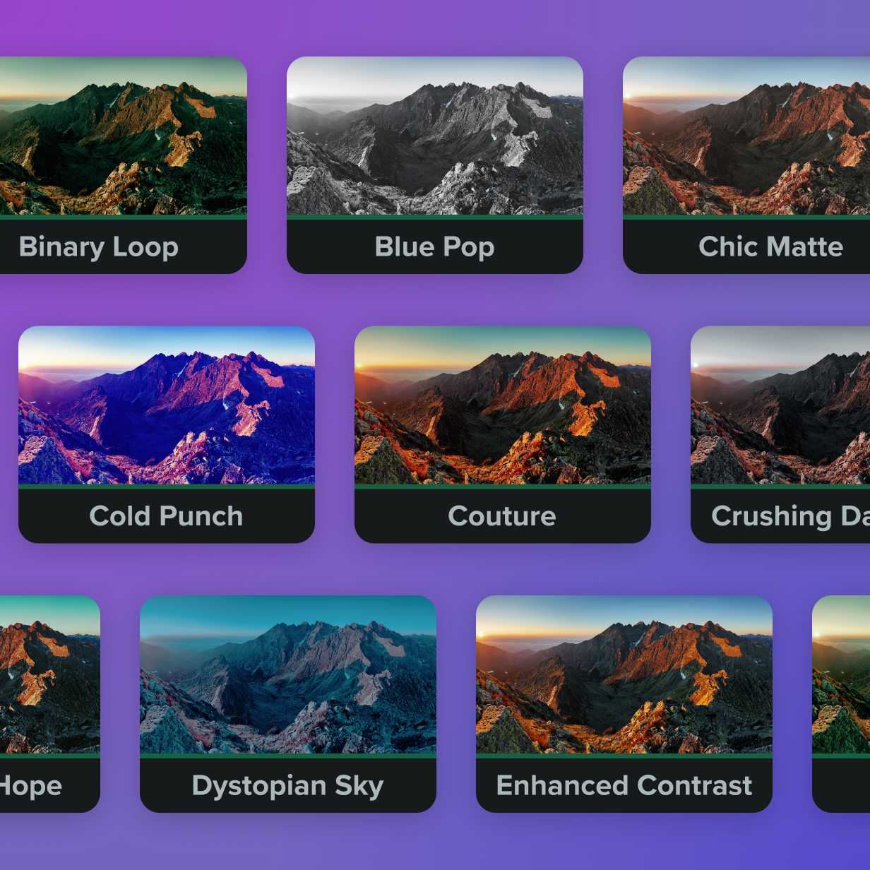 a grid of photo or video filter options, each showing a mountain landscape with varied visual effects. The filters are labeled: "Binary Loop," "Blue Pop," "Chic Matte," "Cold Punch," "Couture," "Crushing Dark," "Hope," "Dystopian Sky," and "Enhanced Contrast." The background is a purple gradient.