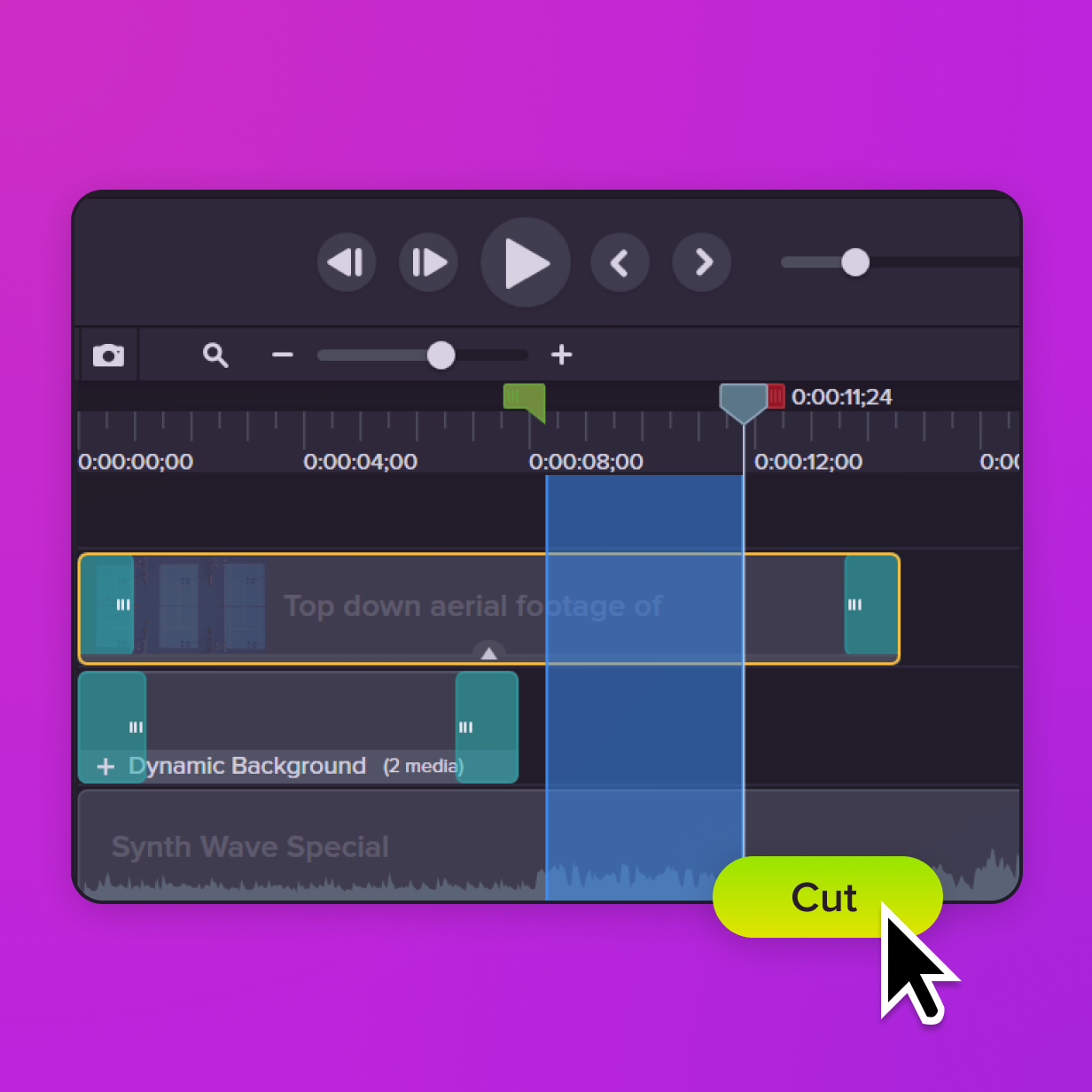 screenshot of Camtasia timeline depicting a cursor clicking on the "cut" button to edit their footage.