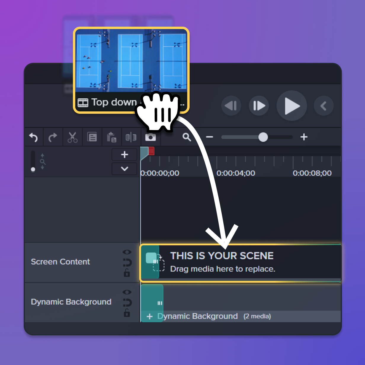 screenshot of the Camtasia timeline depicting a cursor gragging a template and placing it on the timeline to reduce editing time