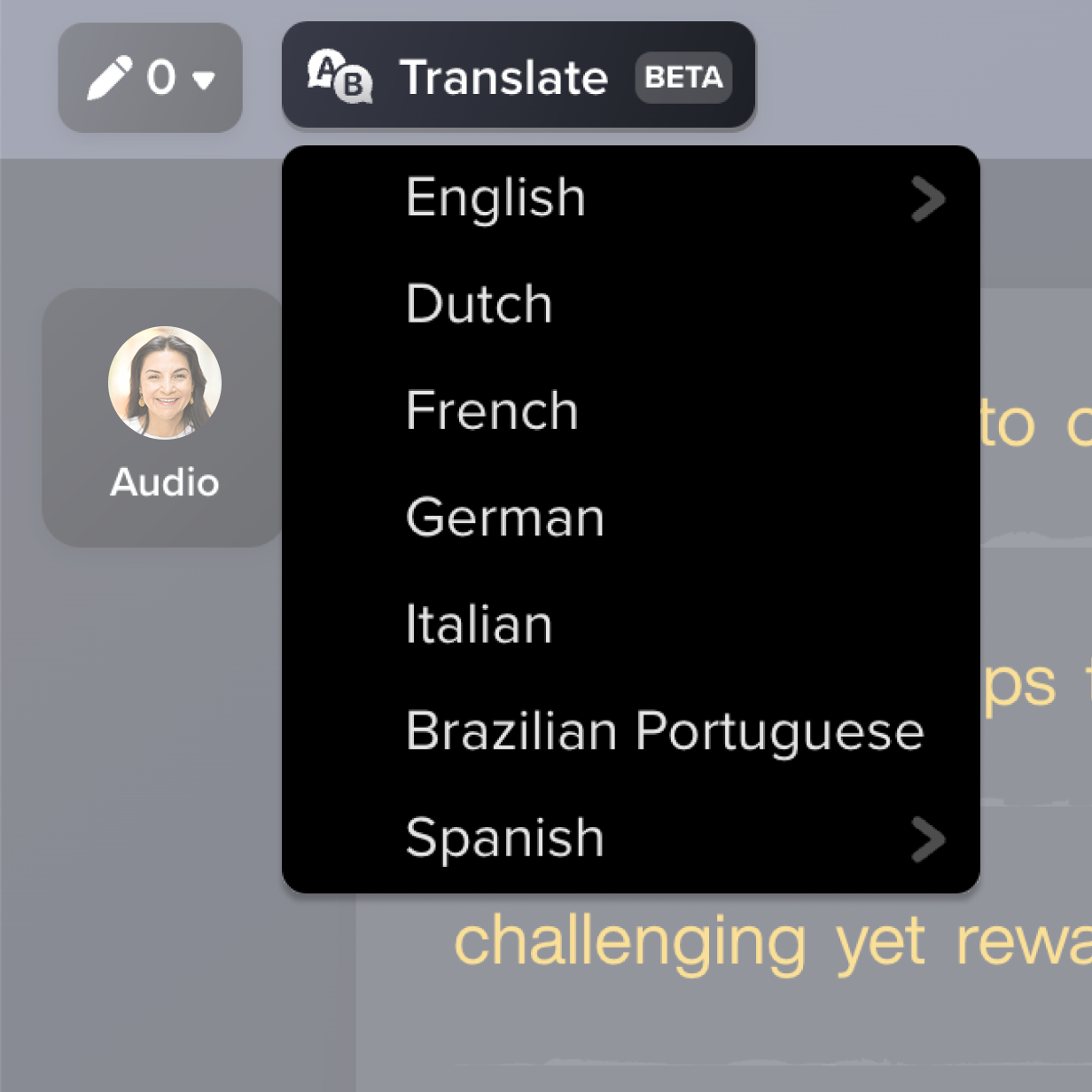 A menu showing subtitles in different languages