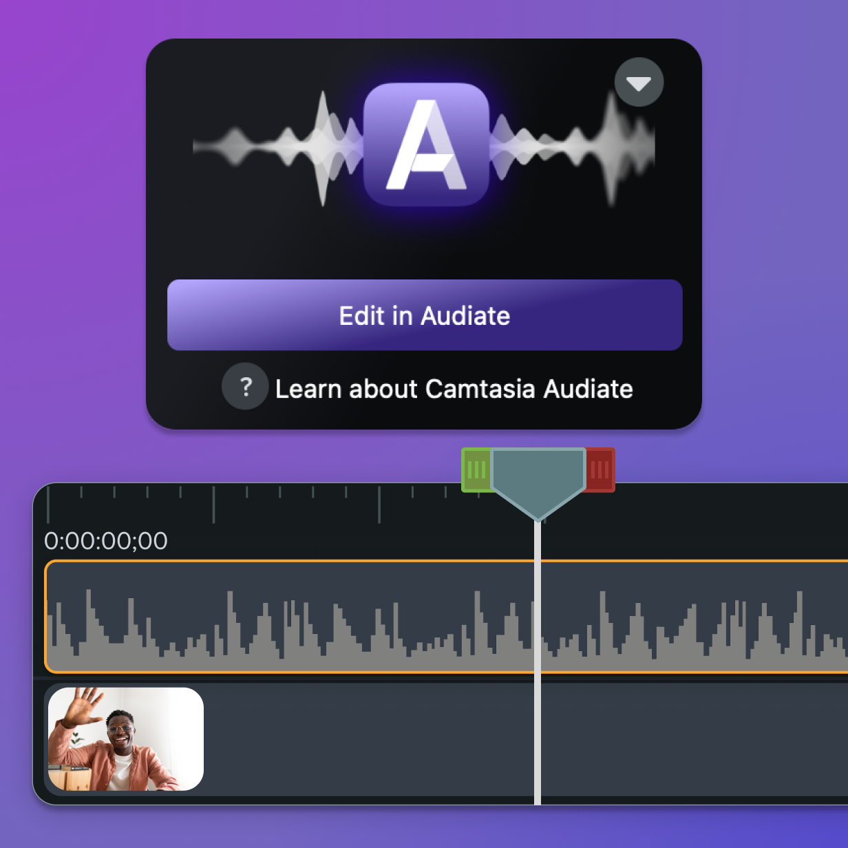 Camtasia's video editor Audiate's audio editor working side by side.