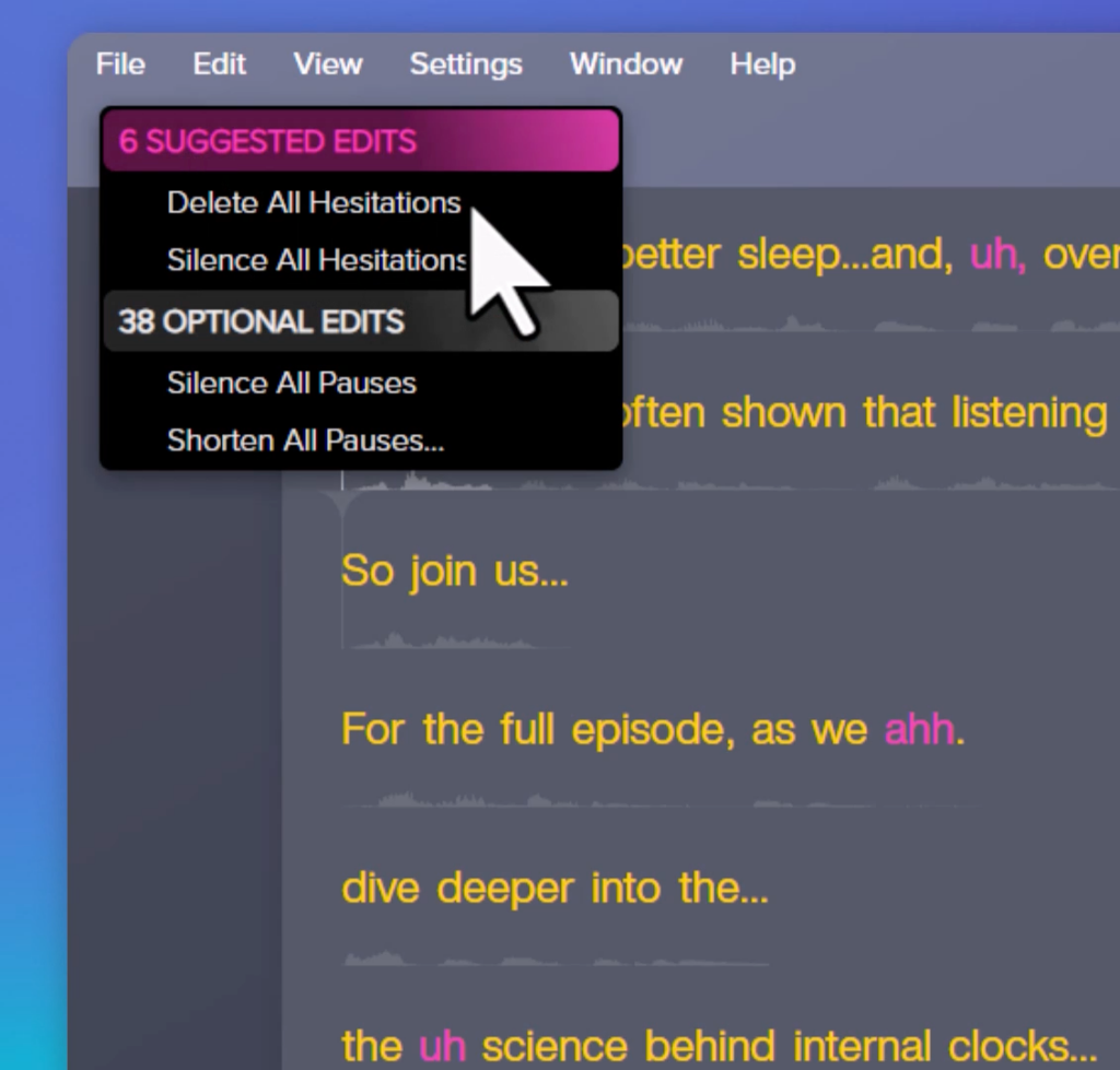 Editing suggested hesitations in Audiate during video transcription.