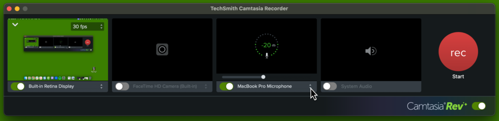 Record audio options in Camtasia