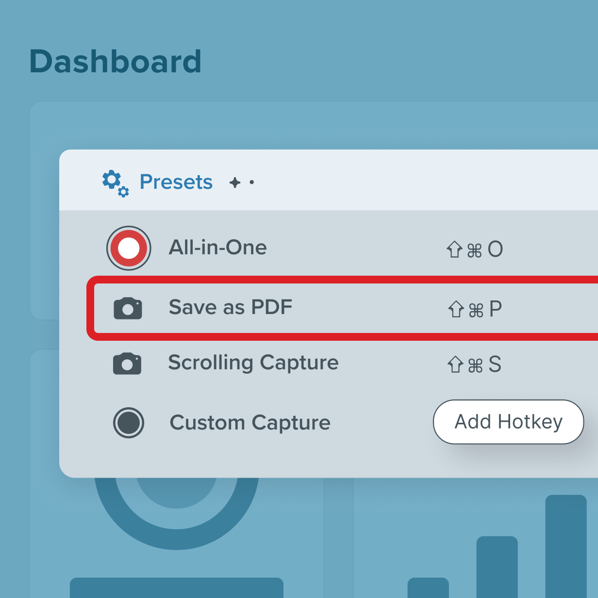 Snagit's preset menu with a preset ready to save any capture as a PDF.