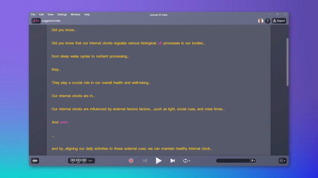 Editing a video transcript in Audiate's transcript editor.